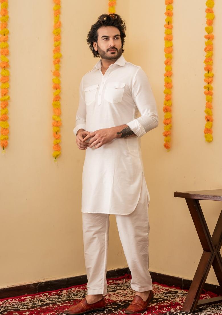 White Solid Cotton Salwar Suit Set For Men - Indya