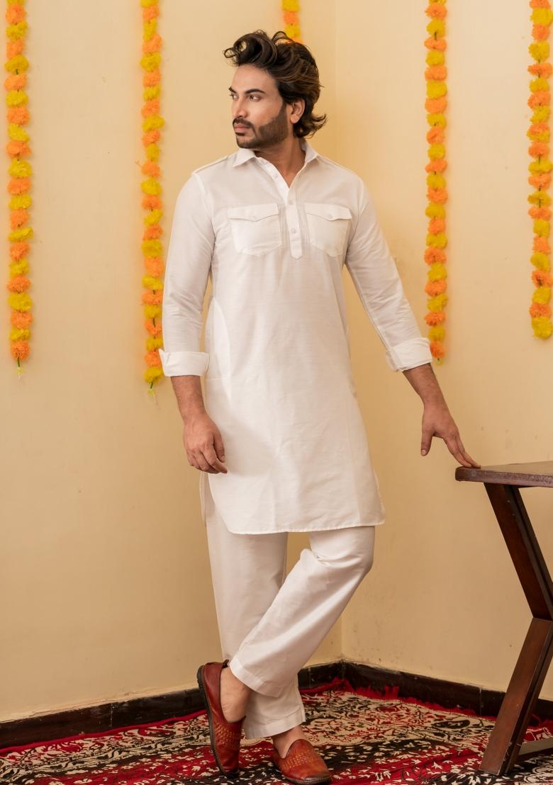 White Solid Cotton Salwar Suit Set For Men - Indya