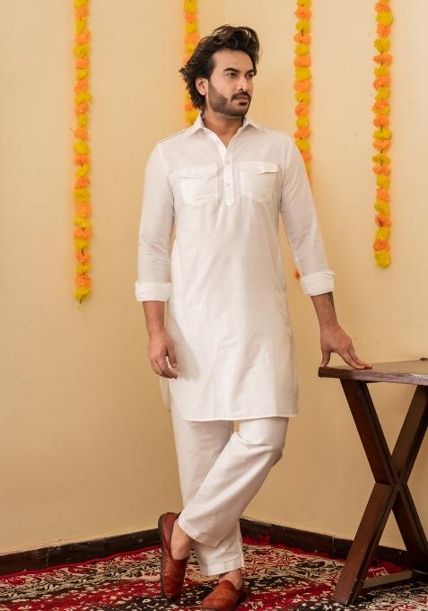 White Solid Cotton Salwar Suit Set For Men