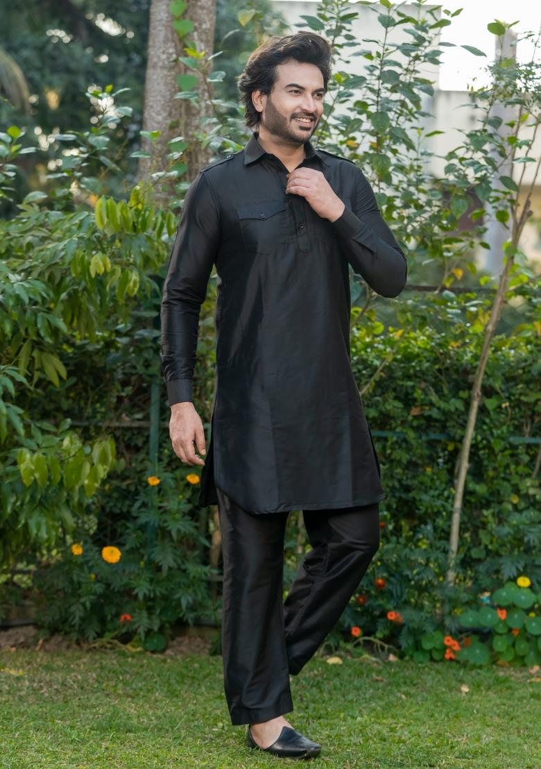 Black Solid Cotton Salwar Suit Set For Men - Indya