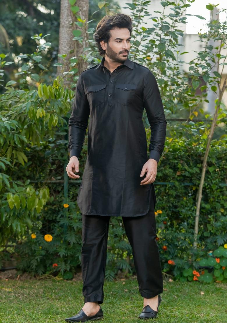 Black Solid Cotton Salwar Suit Set For Men - Indya