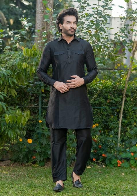 Black Solid Cotton Salwar Suit Set For Men