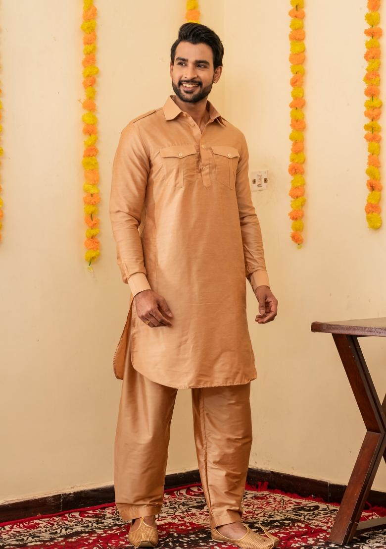 Beige Solid Cotton Salwar Suit Set For Men - Indya