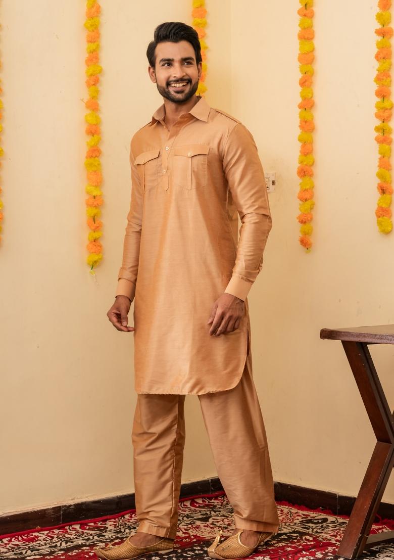Beige Solid Cotton Salwar Suit Set For Men - Indya