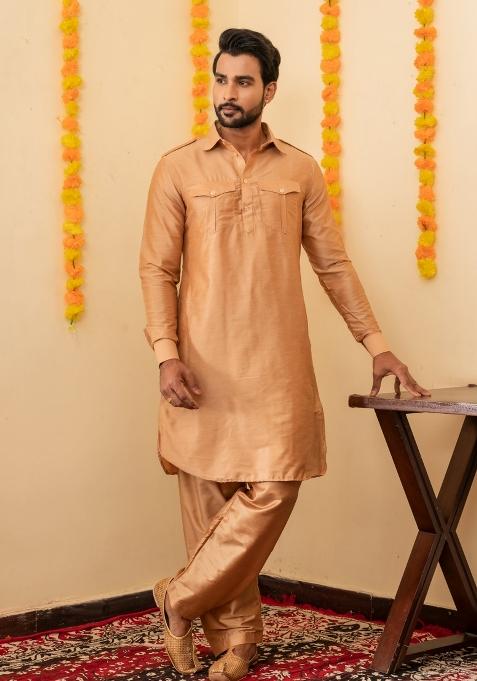 Beige Solid Cotton Salwar Suit Set For Men