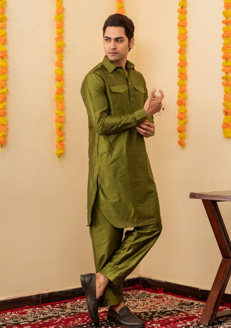 Olive Solid Cotton Salwar Suit Set For Men - Indya