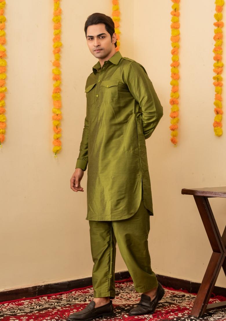 Olive Solid Cotton Salwar Suit Set For Men - Indya
