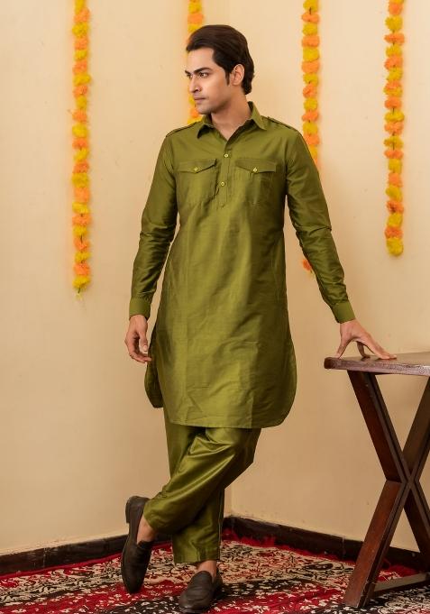 Olive Solid Cotton Salwar Suit Set For Men