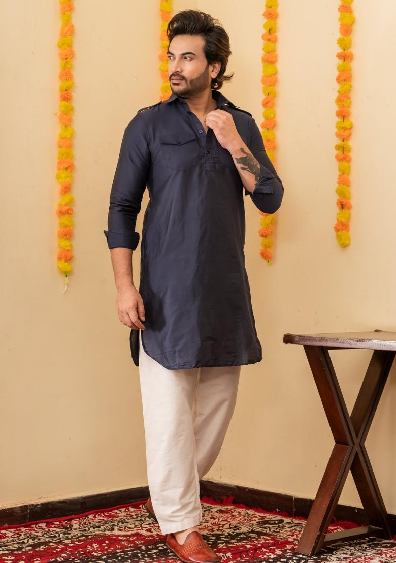 Navy Blue Solid Cotton Kurta Pyjama Set For Men - Indya