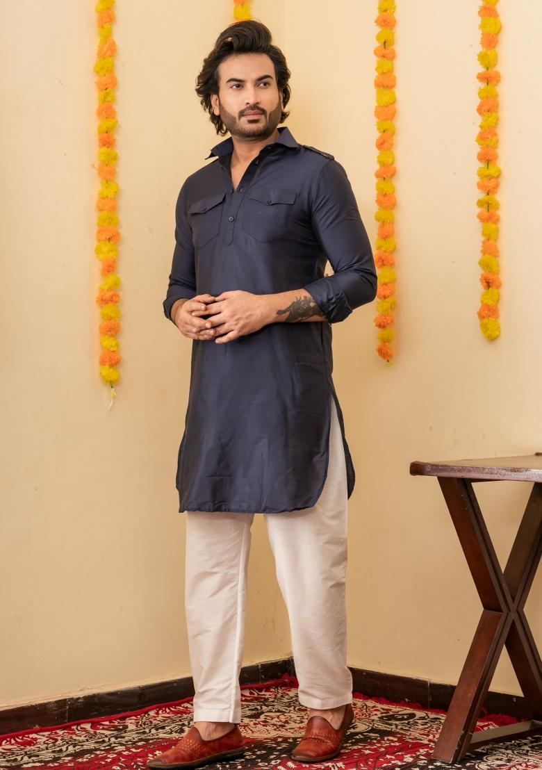 Navy Blue Solid Cotton Kurta Pyjama Set For Men - Indya