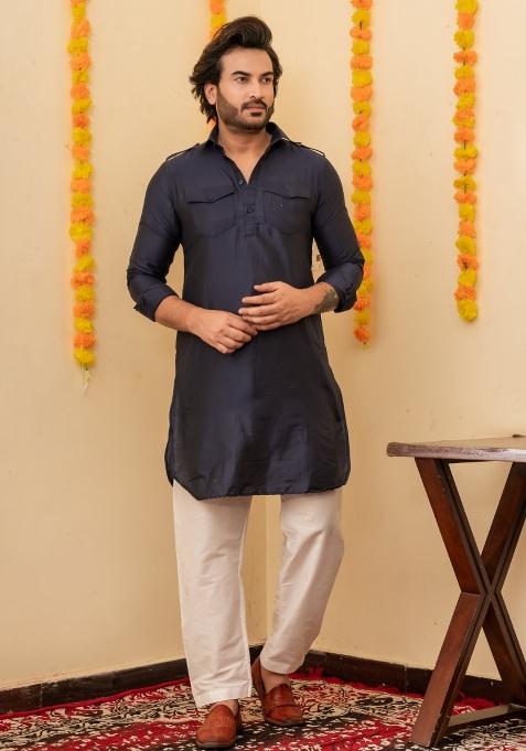 Navy Blue Solid Cotton Kurta Pyjama Set For Men