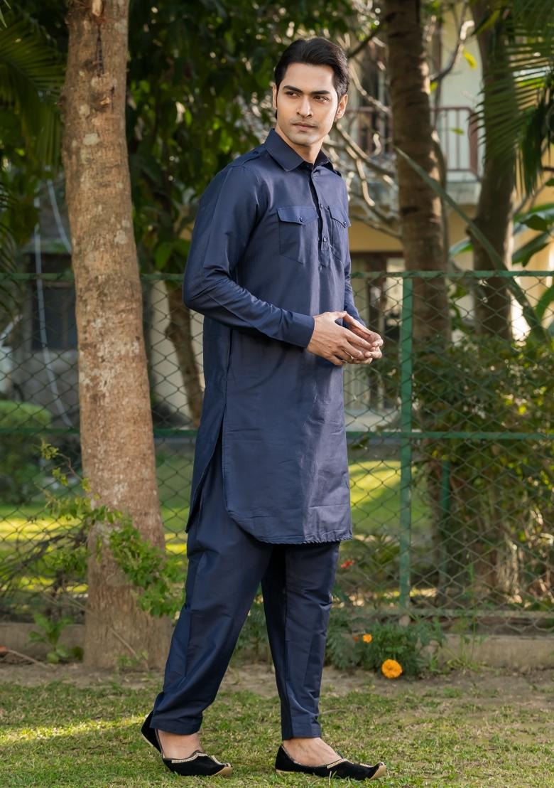 Navy Blue Solid Cotton Salwar Suit Set For Men - Indya
