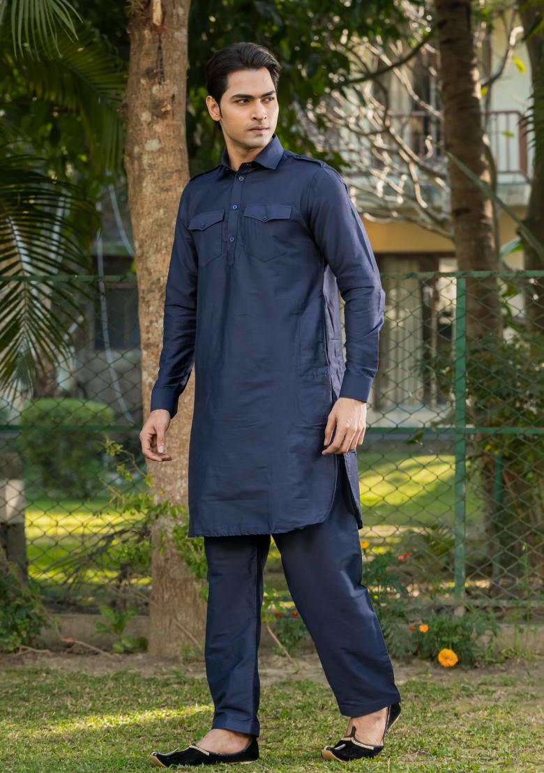 Navy Blue Solid Cotton Salwar Suit Set For Men - Indya