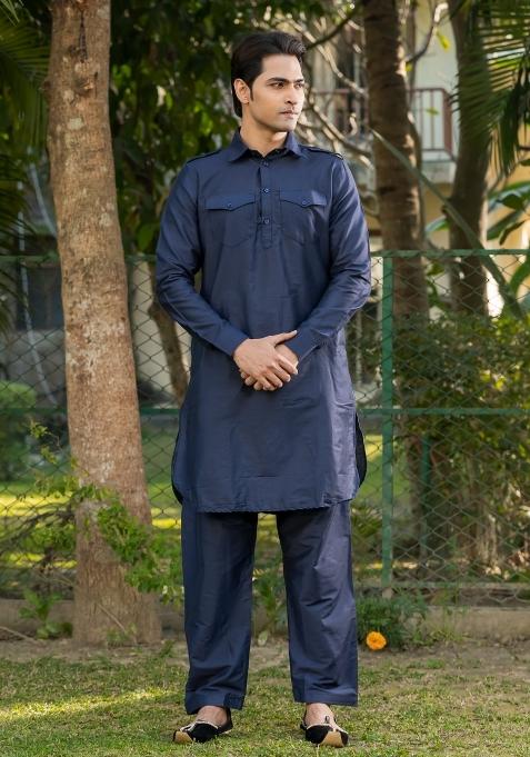 Navy Blue Solid Cotton Salwar Suit Set For Men