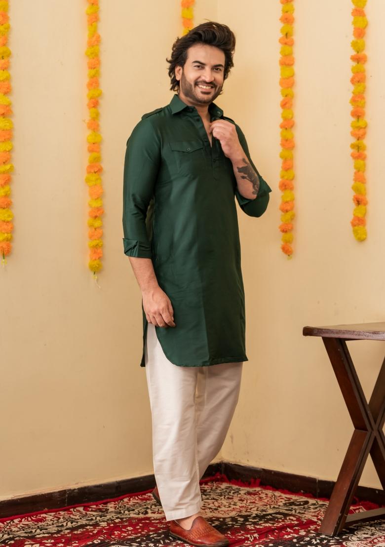 Deep Green Solid Cotton Kurta Pyjama Set For Men - Indya