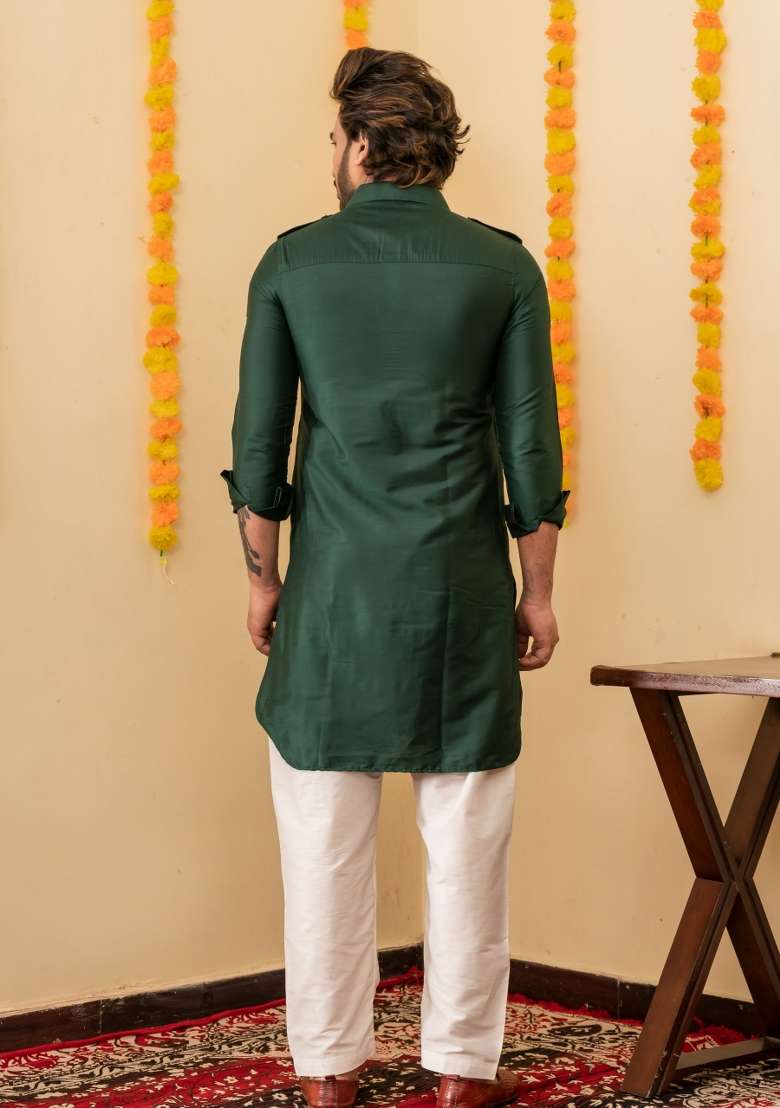 Deep Green Solid Cotton Kurta Pyjama Set For Men - Indya