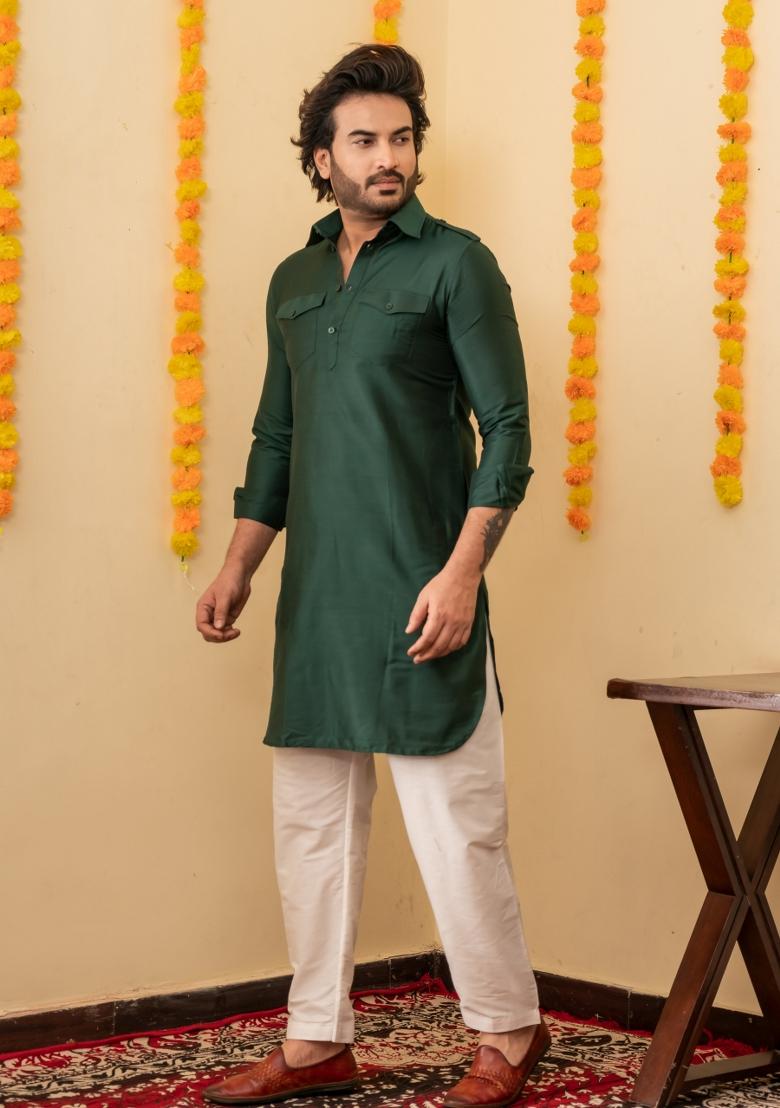Deep Green Solid Cotton Kurta Pyjama Set For Men - Indya