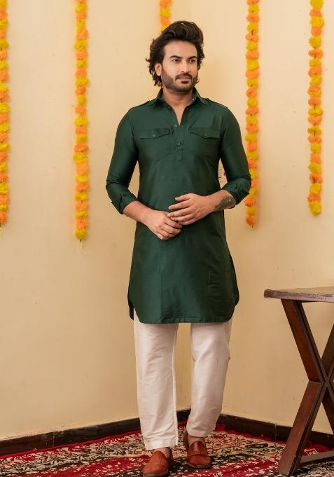 Deep Green Solid Cotton Kurta Pyjama Set For Men