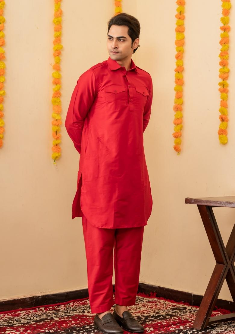 Red Solid Cotton Salwar Suit Set For Men - Indya