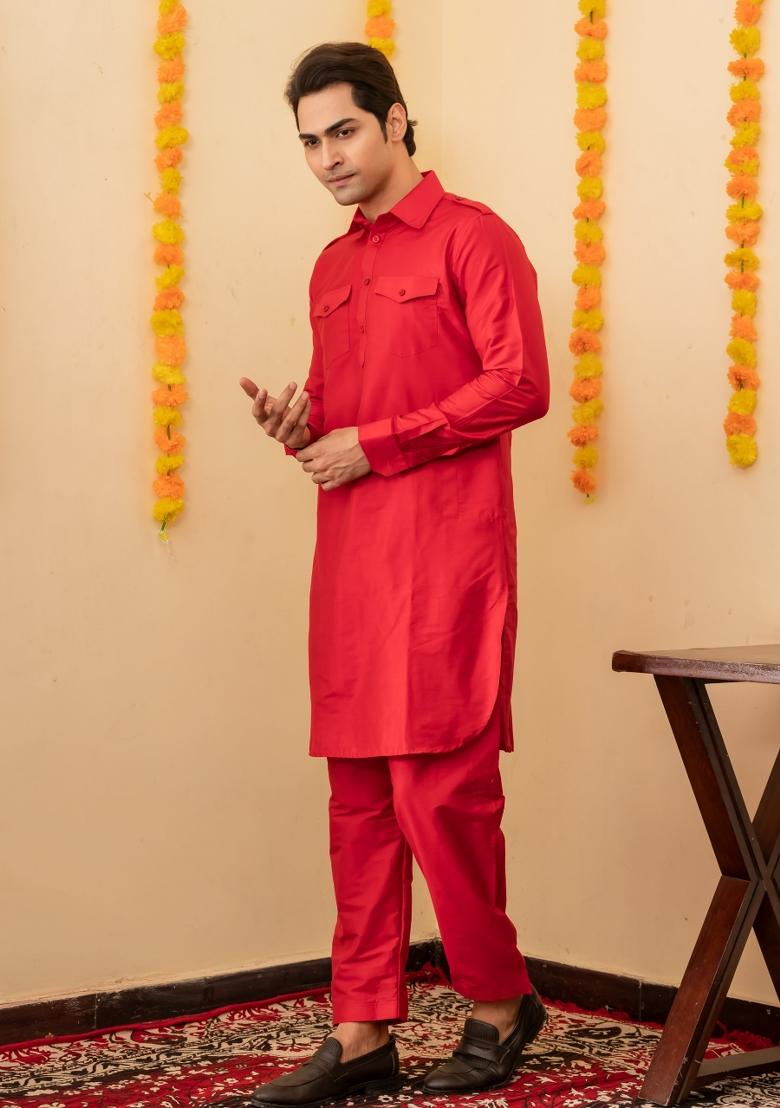 Red Solid Cotton Salwar Suit Set For Men - Indya