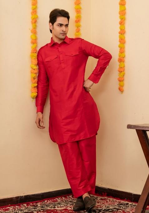 Red Solid Cotton Salwar Suit Set For Men