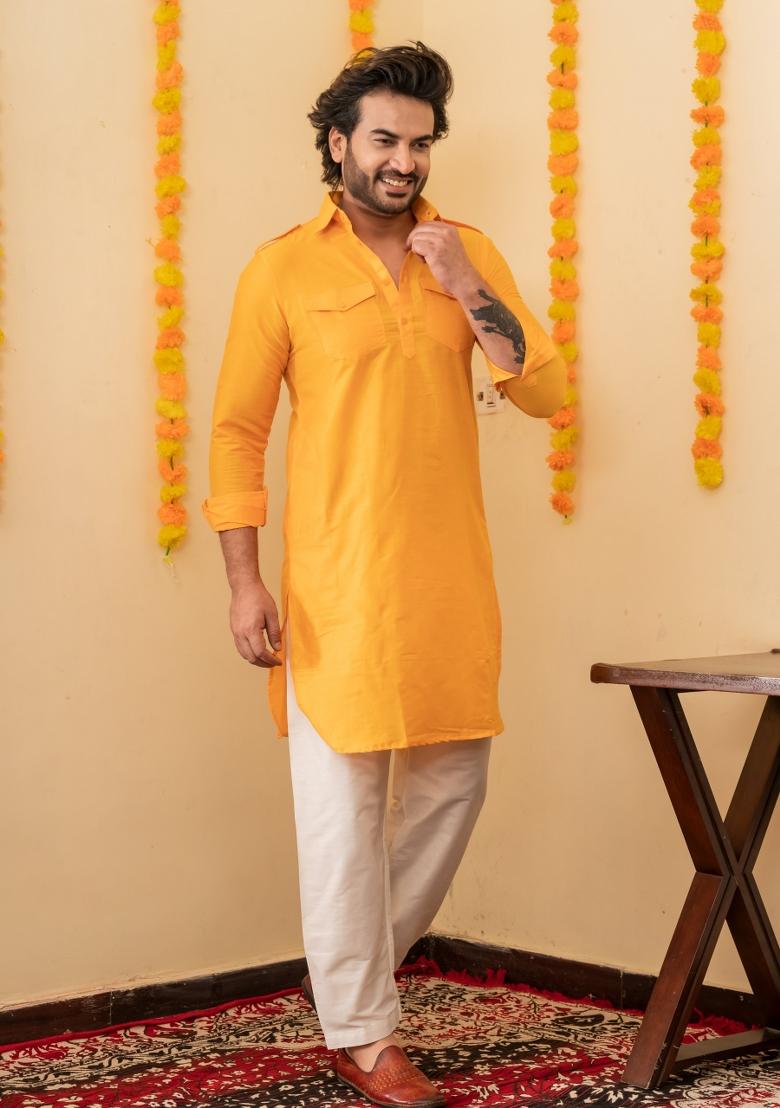 Yellow Solid Cotton Kurta Pyjama Set For Men - Indya