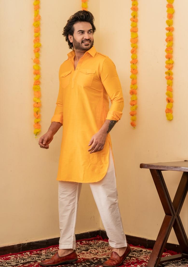 Yellow Solid Cotton Kurta Pyjama Set For Men - Indya