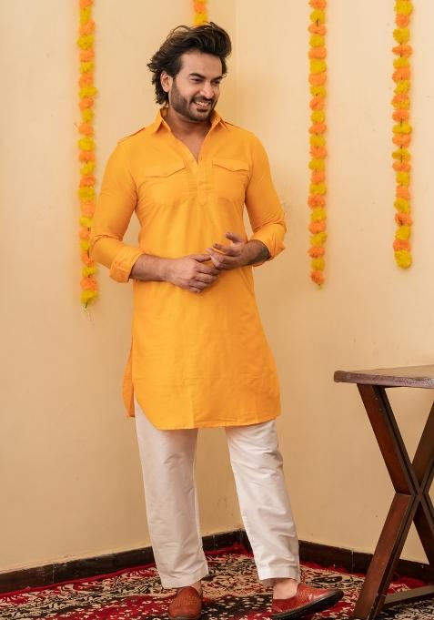 Yellow Solid Cotton Kurta Pyjama Set For Men