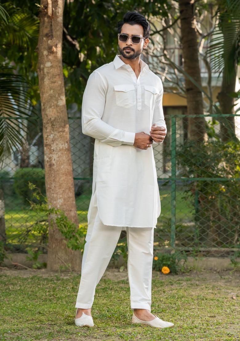 White Solid Cotton Kurta Pyjama Set For Men - Indya