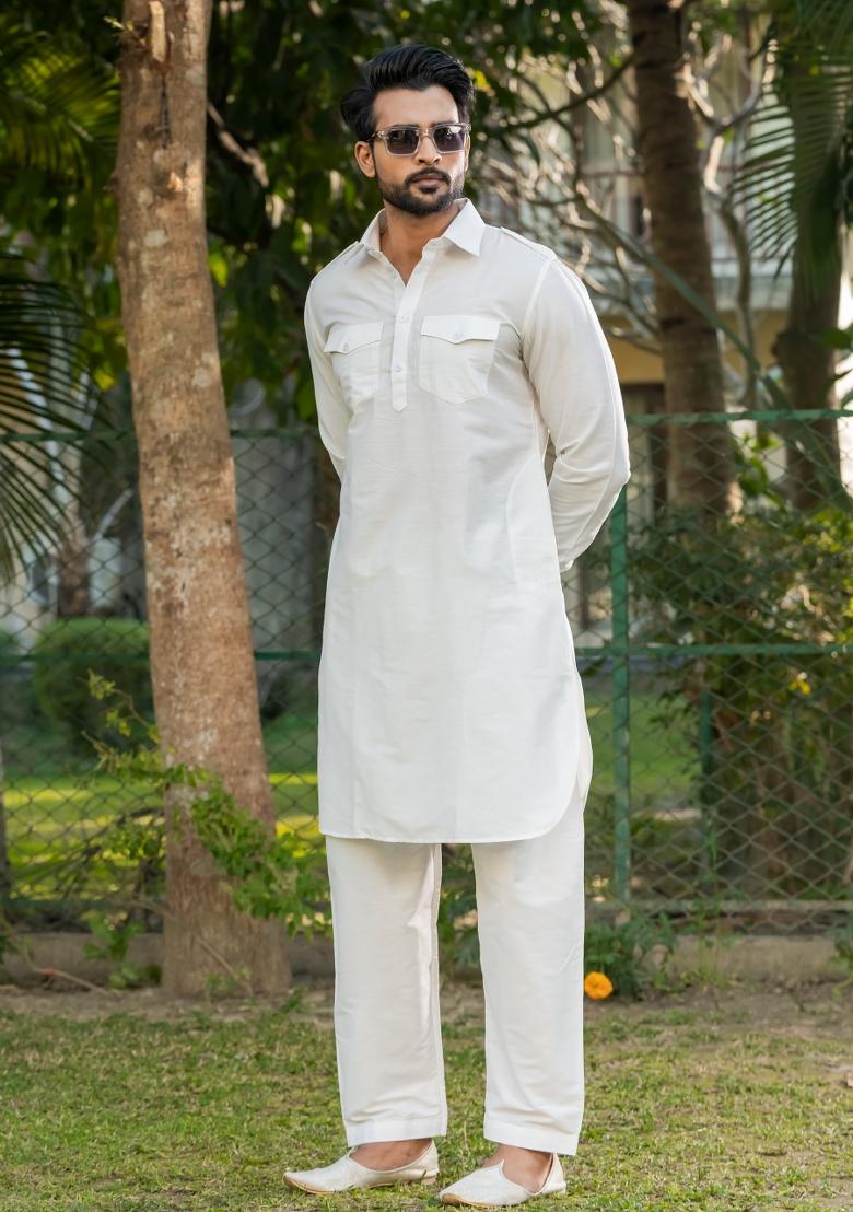 White Solid Cotton Kurta Pyjama Set For Men - Indya