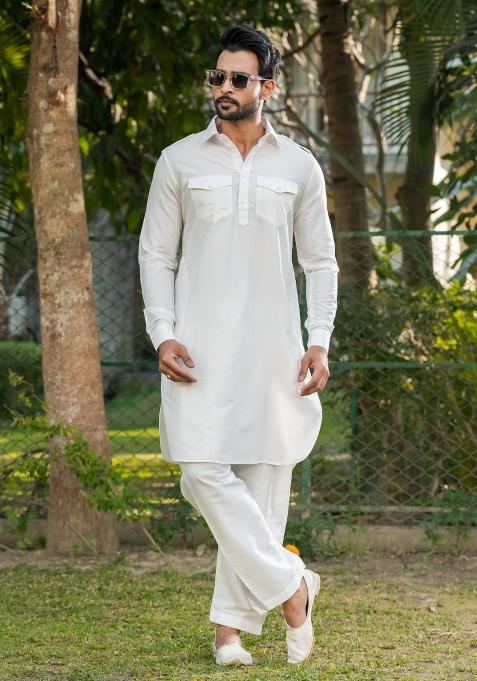 White Solid Cotton Kurta Pyjama Set For Men