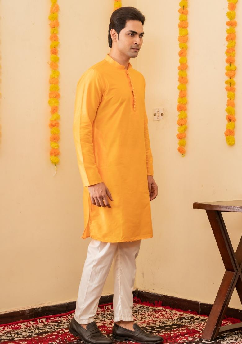 Yellow Solid Cotton Kurta For Men - Indya