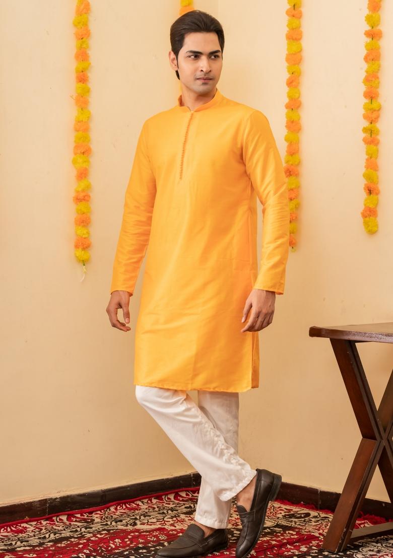 Yellow Solid Cotton Kurta For Men - Indya