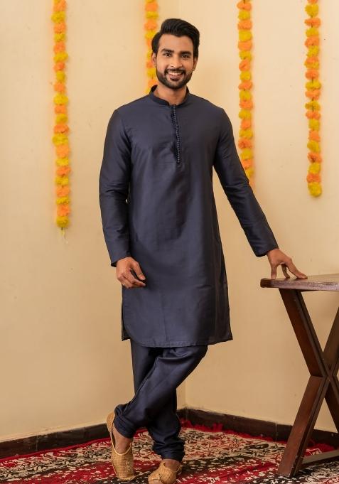 Navy Blue Solid Cotton Kurta For Men