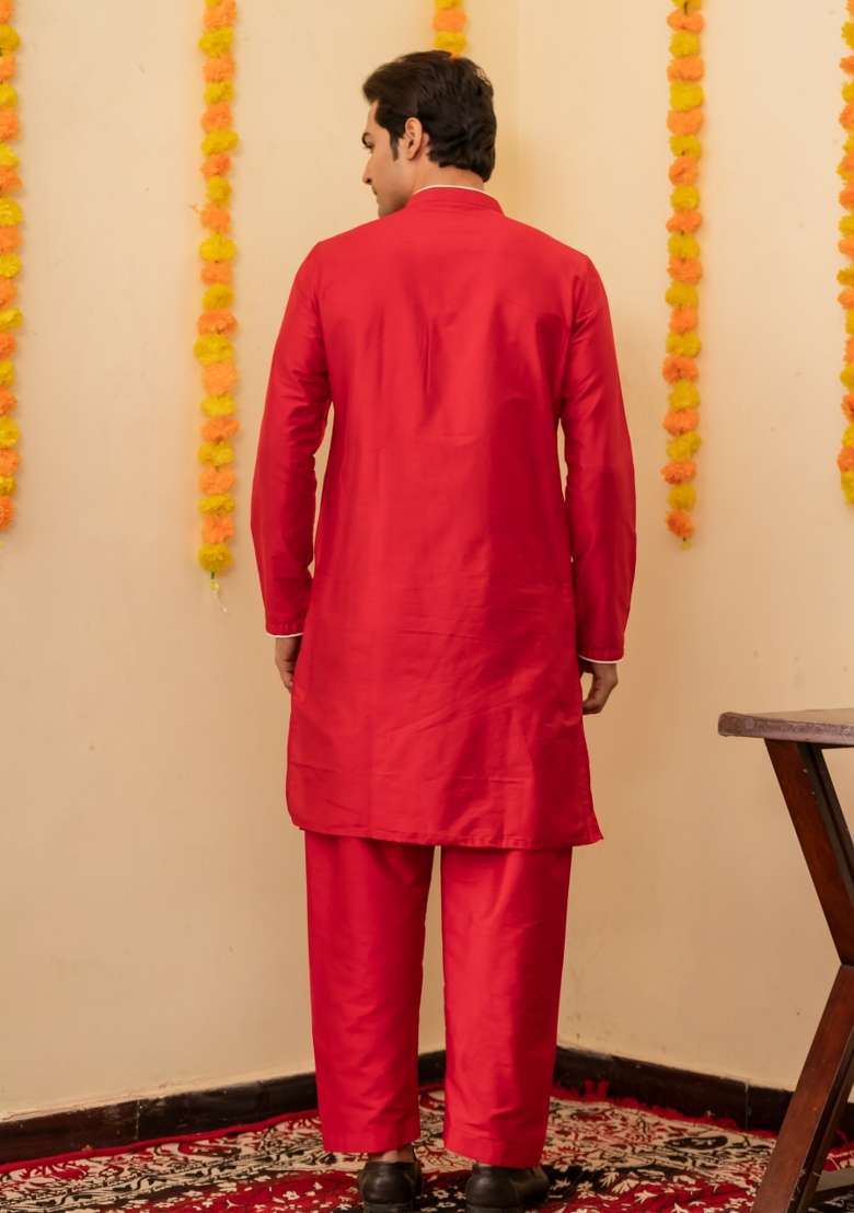 Red Solid Cotton Kurta For Men - Indya