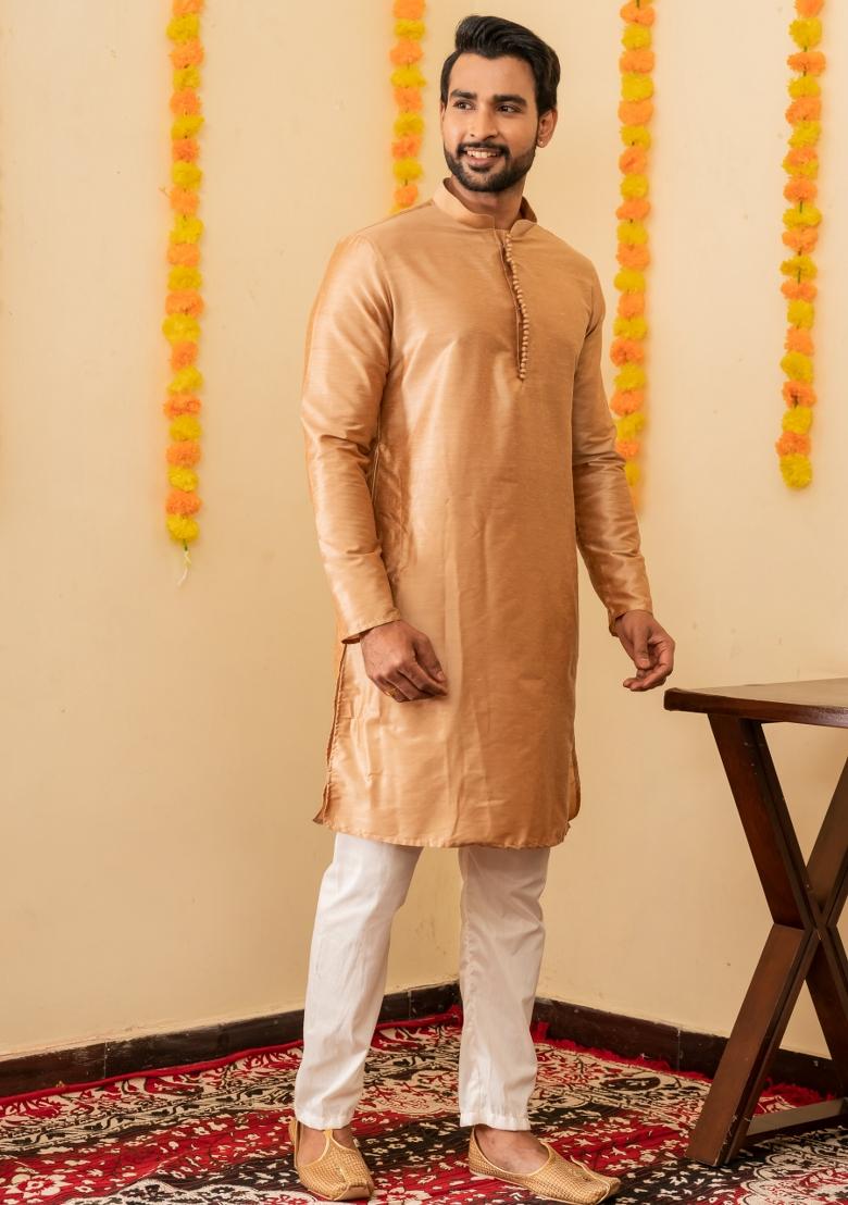 Beige Solid Cotton Kurta Pyjama Set For Men - Indya