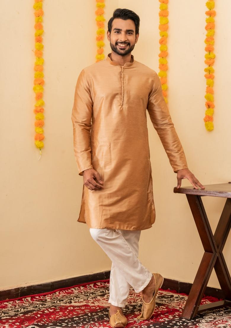 Beige Solid Cotton Kurta Pyjama Set For Men - Indya