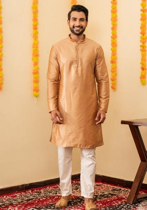 Beige Solid Cotton Kurta Pyjama Set For Men