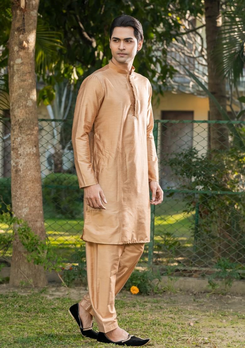 Beige Solid Cotton Salwar Suit Set For Men - Indya