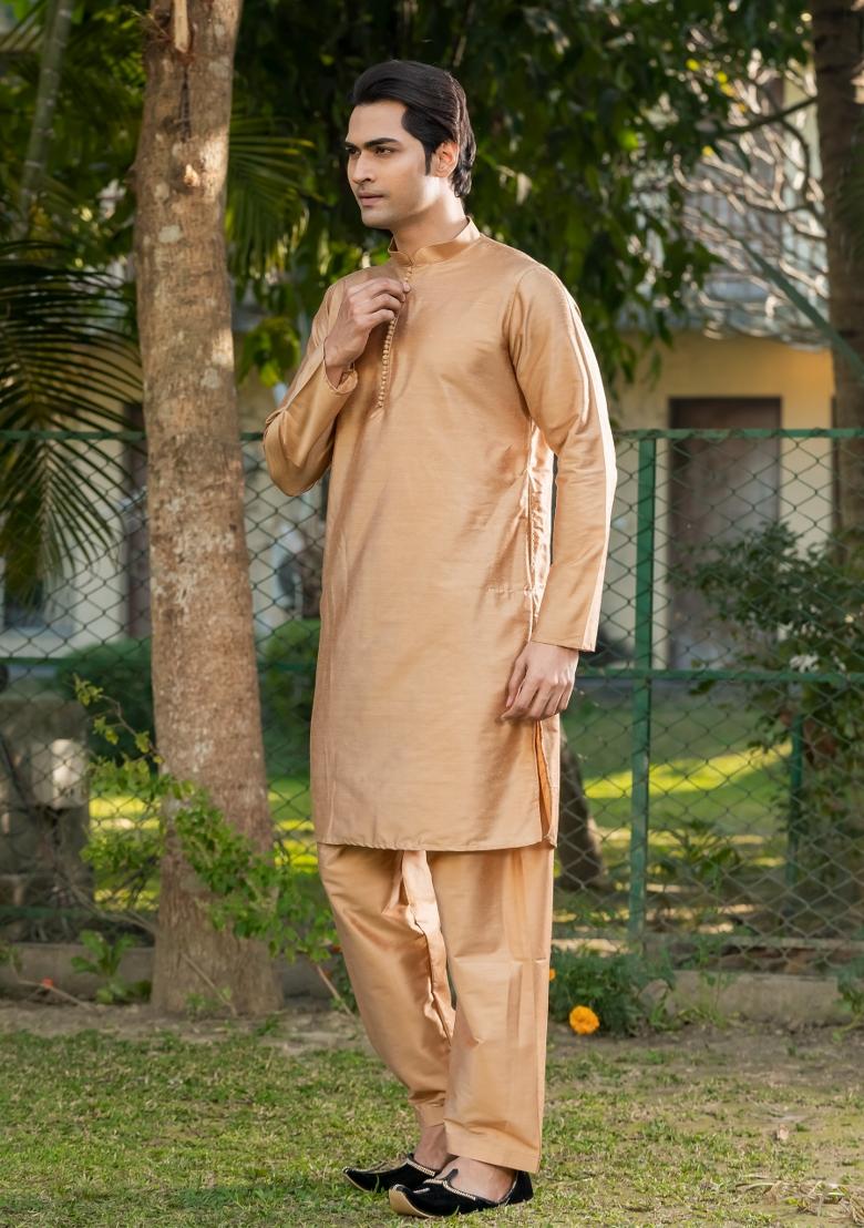 Beige Solid Cotton Salwar Suit Set For Men - Indya