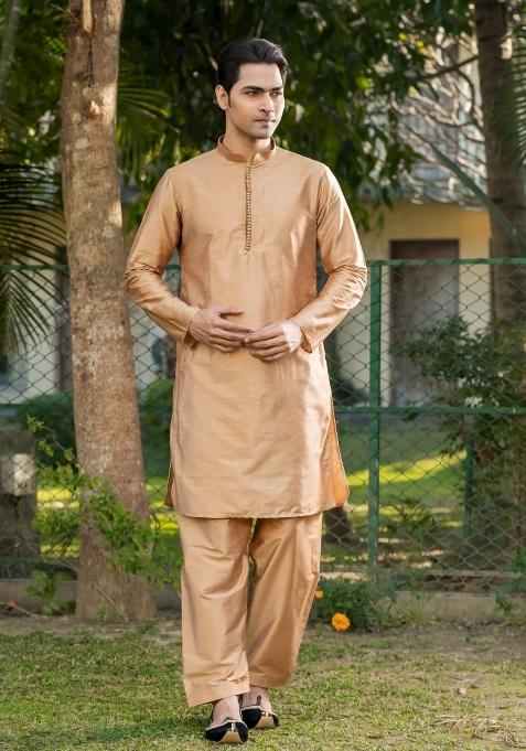 Beige Solid Cotton Salwar Suit Set For Men