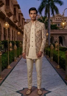 Fawn Embroidery Silk Blend Indo Western For Men