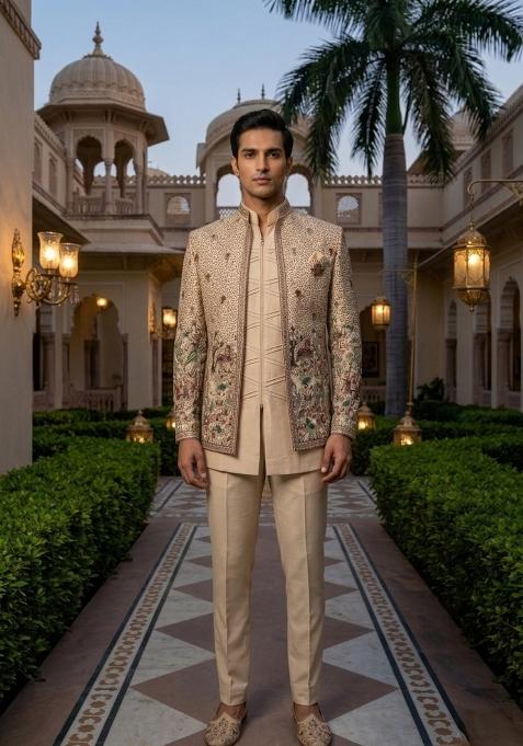 Beige Embroidery Silk Indo Western For Men