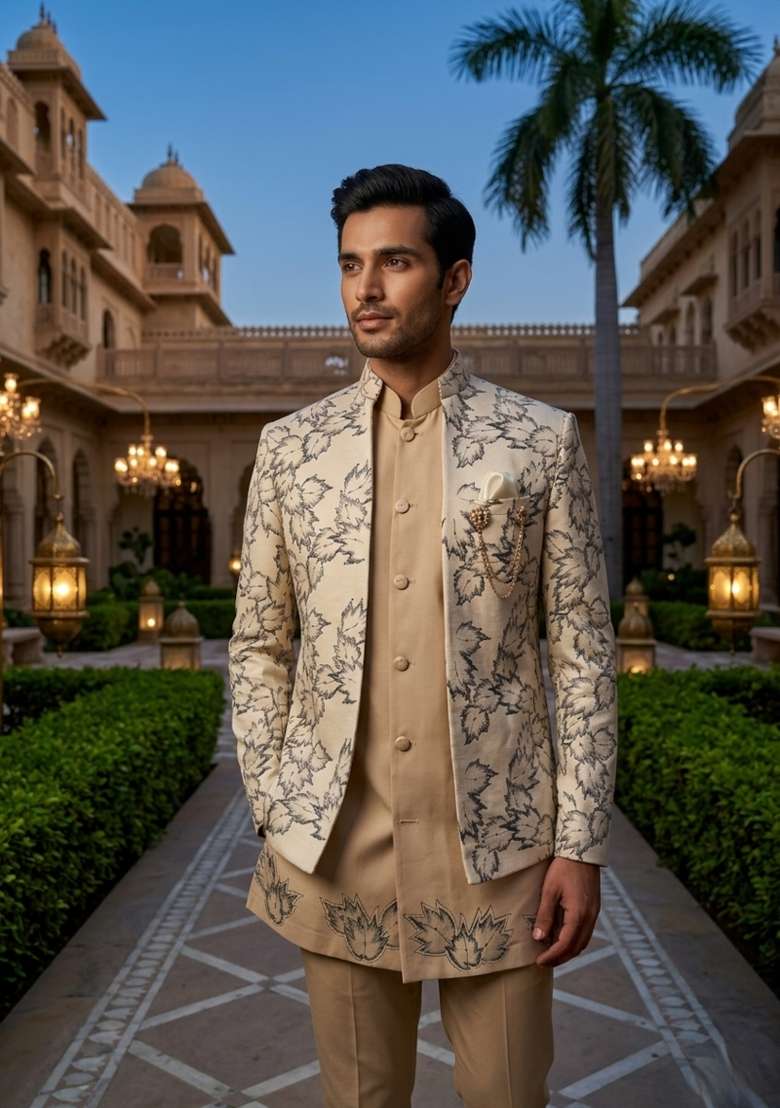 White Embroidery Velvet Indo Western For Men - Indya
