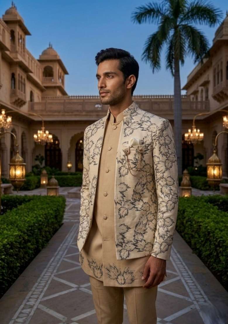 White Embroidery Velvet Indo Western For Men - Indya