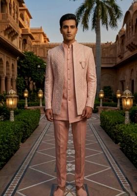Pink Embroidery Silk Blend Indo Western For Men
