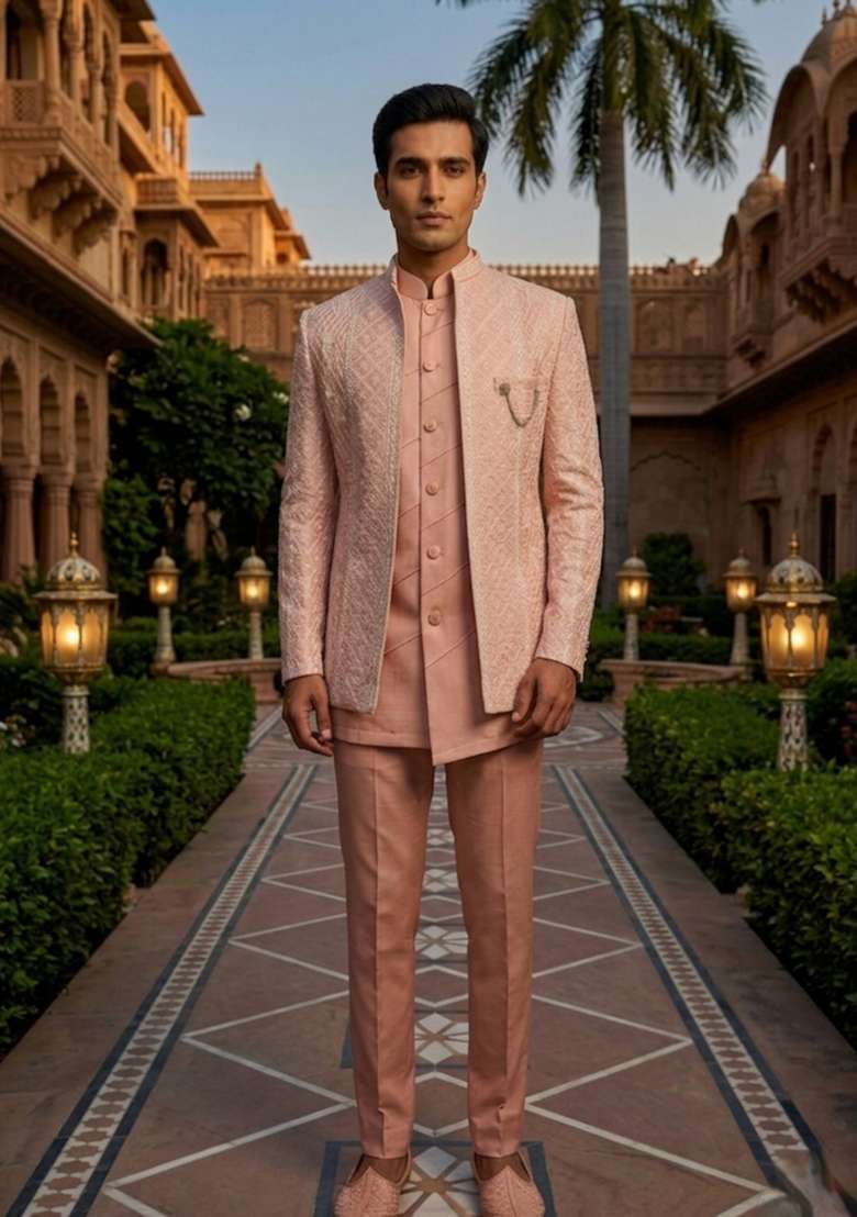 Pink Embroidery Silk Blend Indo Western For Men - Indya