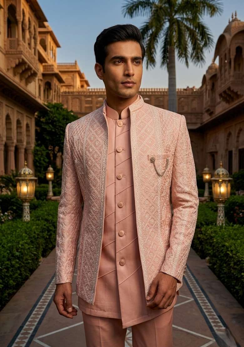 Pink Embroidery Silk Blend Indo Western For Men - Indya