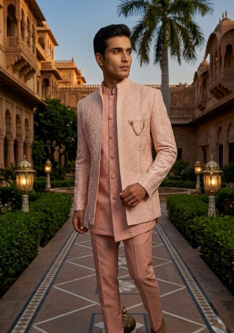 Pink Embroidery Silk Blend Indo Western For Men - Indya