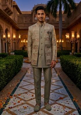 Grey Embroidery Silk Blend Indo Western For Men
